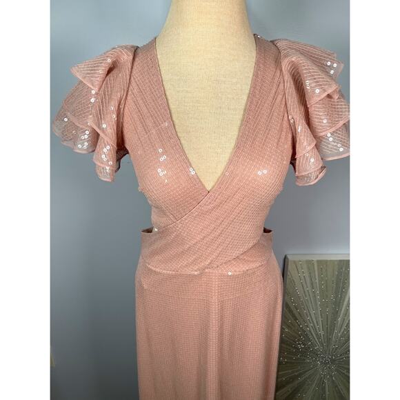 Mac Duggal Sequined Ruffled Cutout Lace Up Rose Pink Maxi Gown Sz 8 - Picture 4 of 14